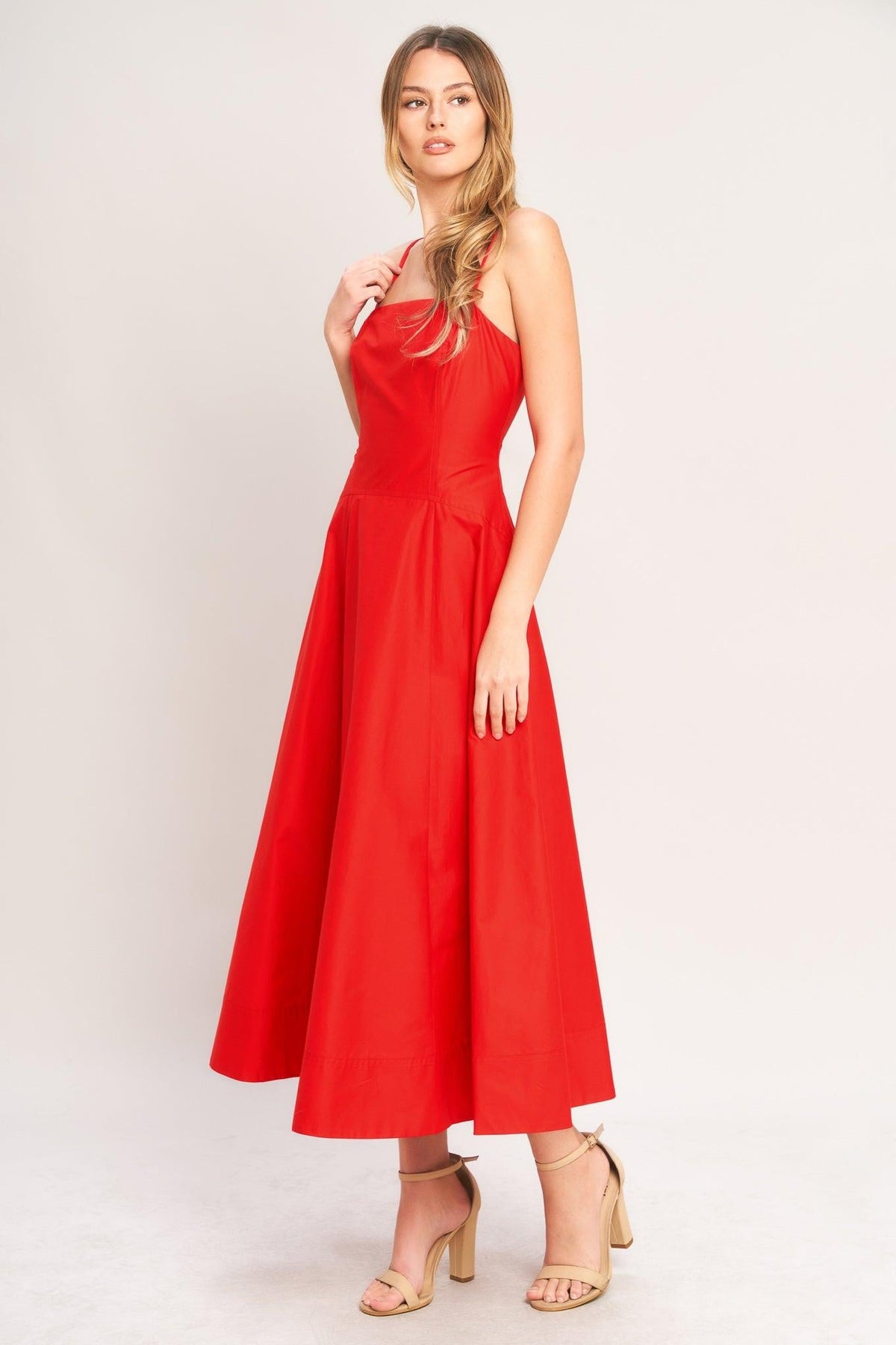 Flying Tomato summer city woven midi dress in vibrant red, featuring a stylish sleeveless design perfect for warm-weather wear.