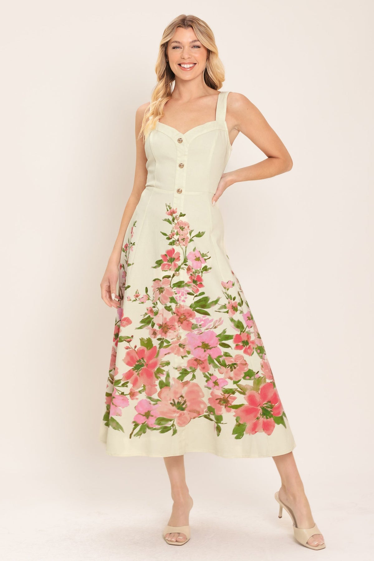 Flying Tomato Blossom Whisper woven midi dress with white and pink floral pattern, displayed on a hanger.