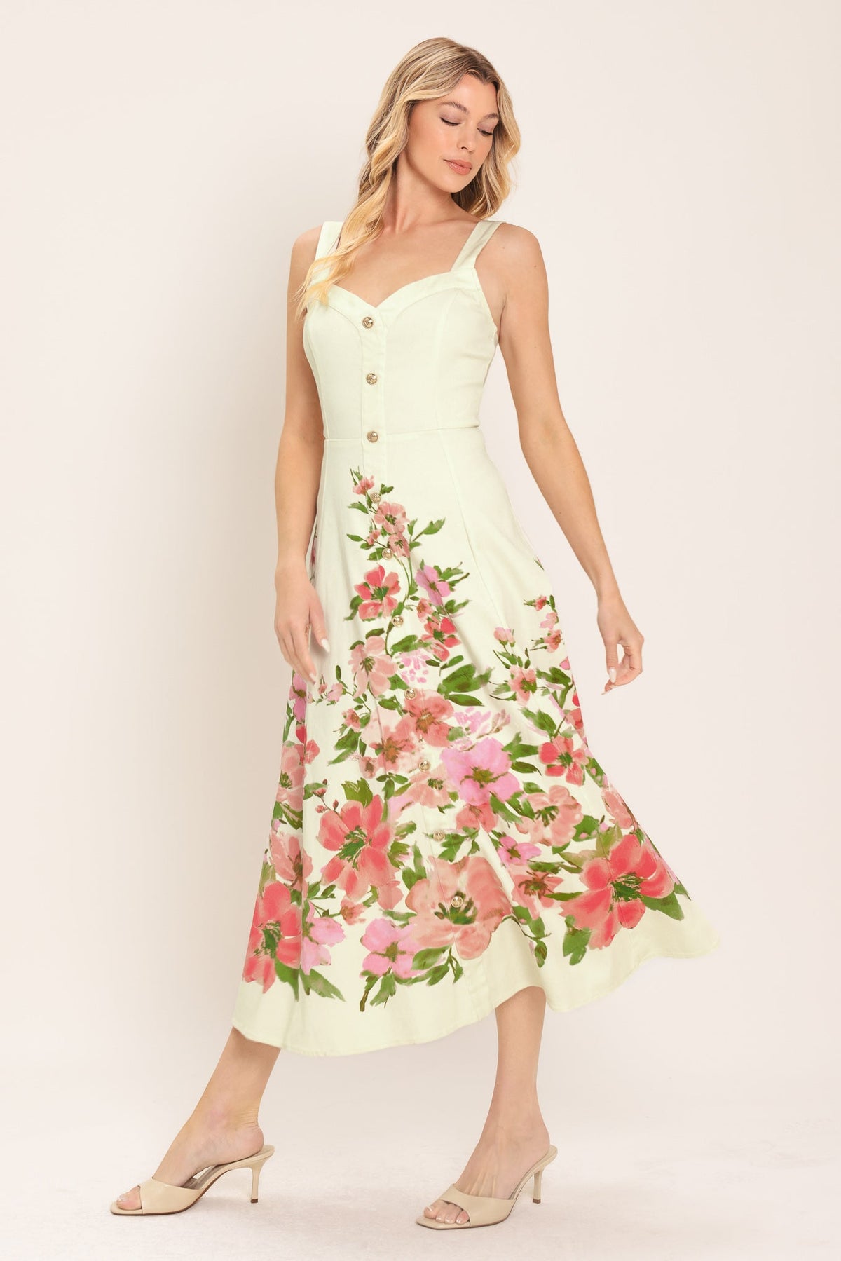 Flying Tomato Blossom Whisper woven midi dress in white and pink floral pattern, featuring a sleeveless design and flowy fabric.
