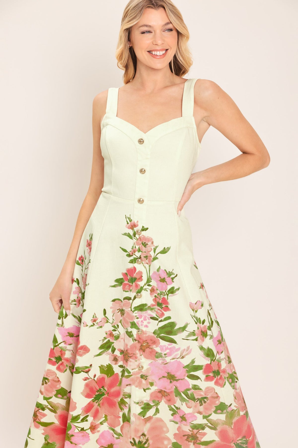 Flying Tomato Blossom Whisper woven midi dress with white pink floral pattern, sleeveless design, and flowy fabric.