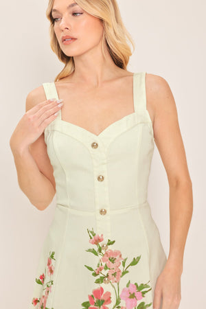 Flying Tomato Blossom Whisper woven midi dress in white and pink floral fabric, featuring a flowy skirt and sleeveless design.