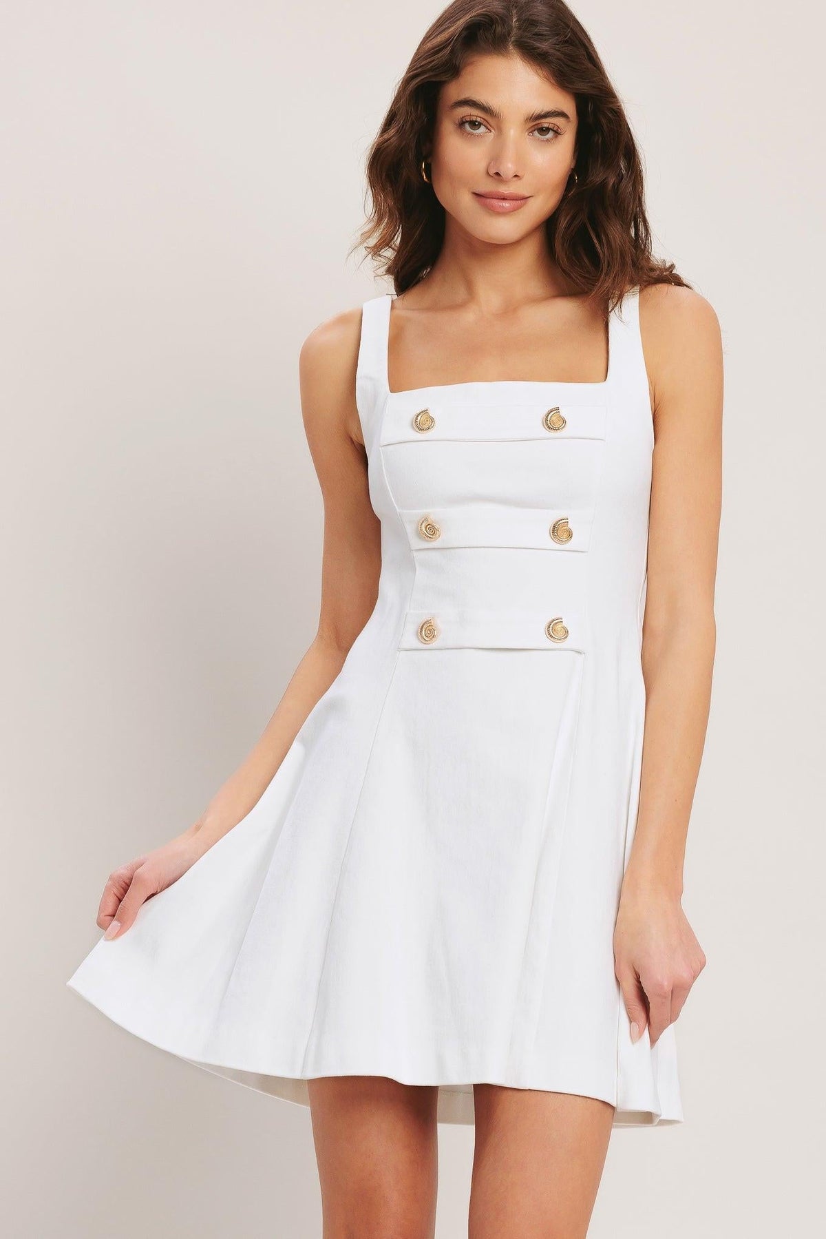 Flying Tomato Coastal Chic woven mini dress in white denim, featuring a stylish, casual design perfect for summer or beach outings.