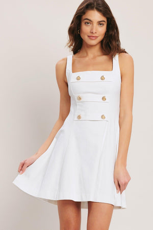 Flying Tomato Coastal Chic woven mini dress in white denim, featuring a stylish, casual design perfect for summer or beach outings.
