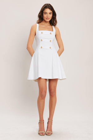 Flying Tomato Coastal Chic woven mini dress in white denim, sleeveless design with a relaxed fit and stylish coastal-inspired look.
