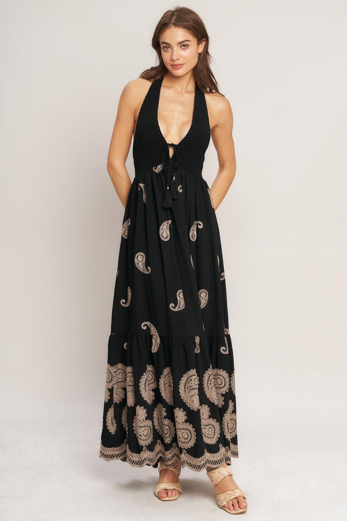 Black Midnight Charm woven midi dress by Flying Tomato, featuring a stylish midi length and intricate woven fabric details.