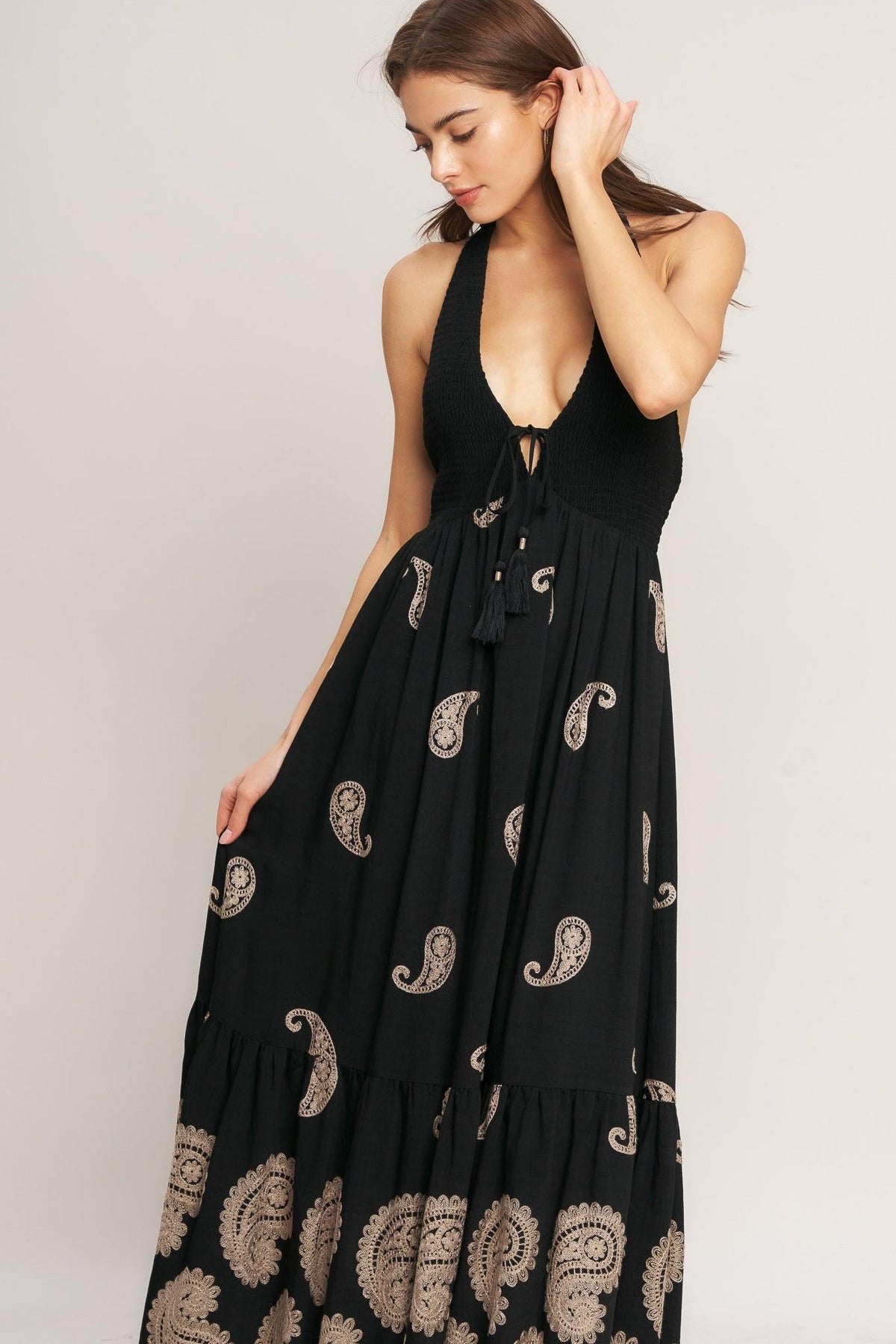 Black Midnight Charm woven midi dress by Flying Tomato featuring a stylish, fitted silhouette and elegant woven fabric.