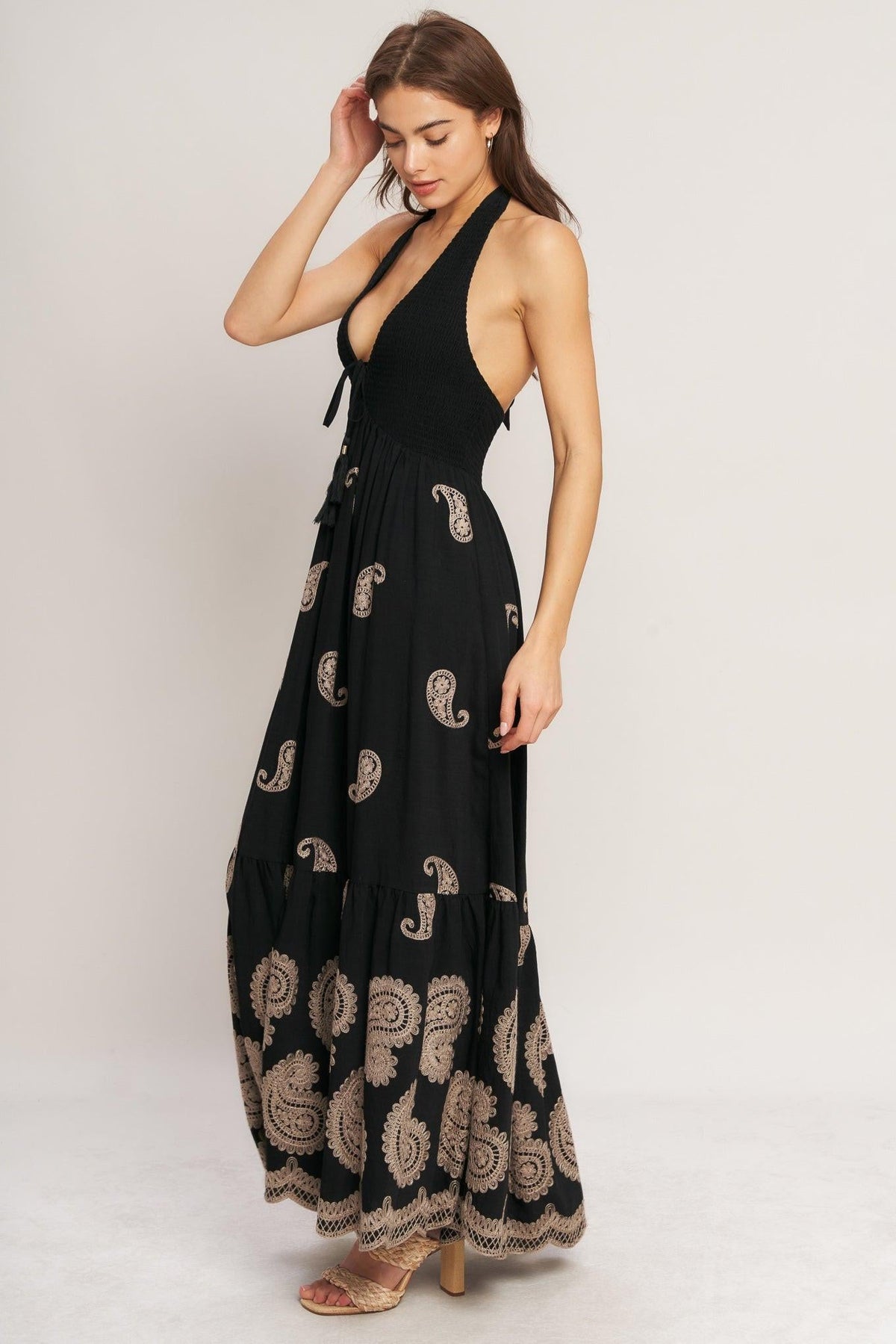 Black Midnight Charm woven midi dress by Flying Tomato, featuring a flowy design and intricate woven fabric.