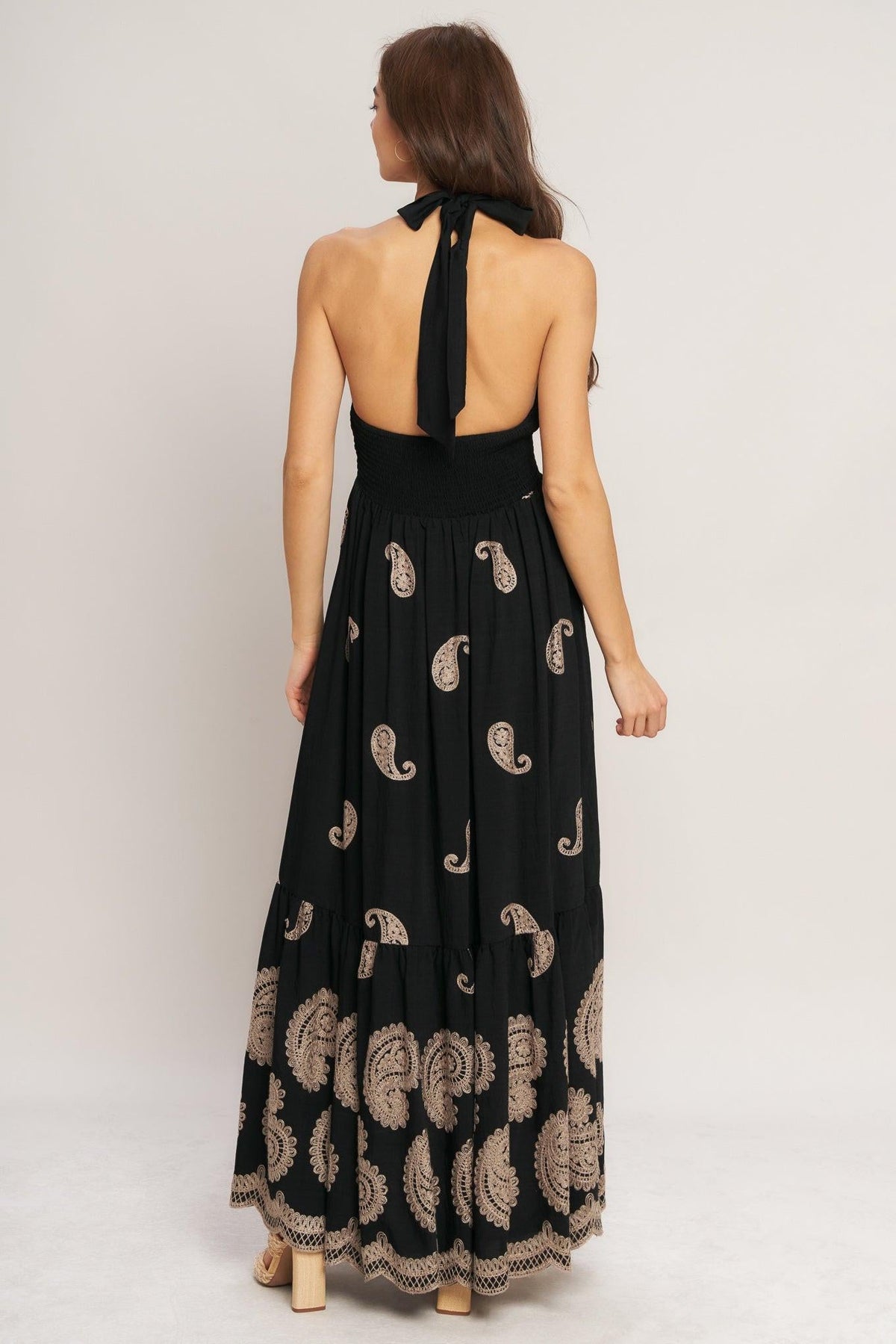 Flying Tomato Midnight Charm woven midi dress in black, featuring a stylish, flowy design and intricate woven details.