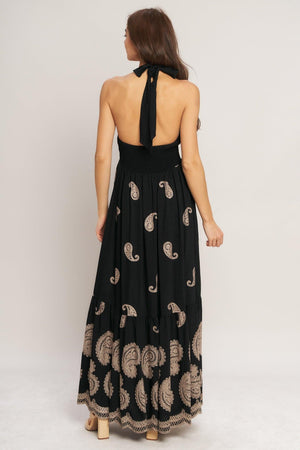 Flying Tomato Midnight Charm woven midi dress in black, featuring a stylish, flowy design and intricate woven details.