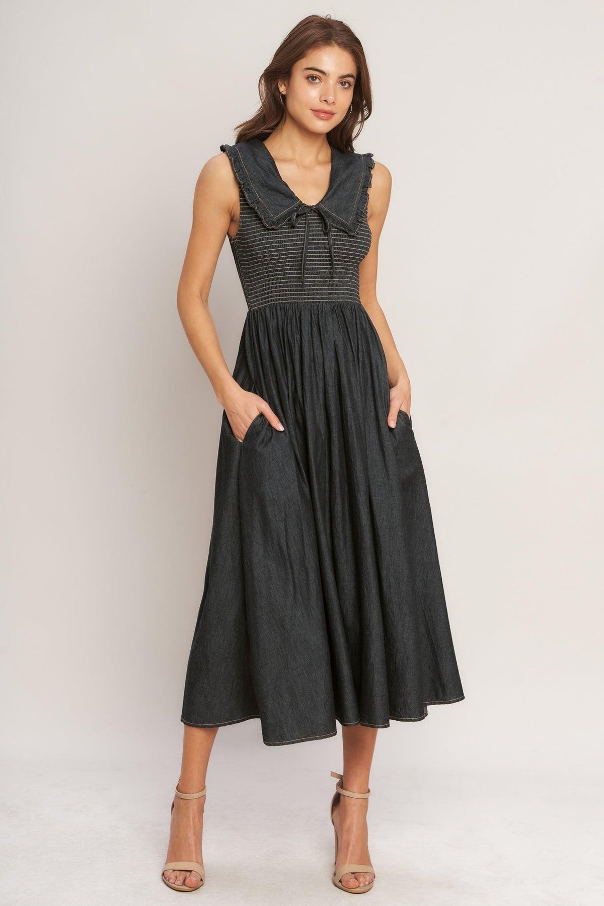 Dark Indigo woven midi dress by Flying Tomato featuring a sleek, elegant design perfect for stylish occasions.
