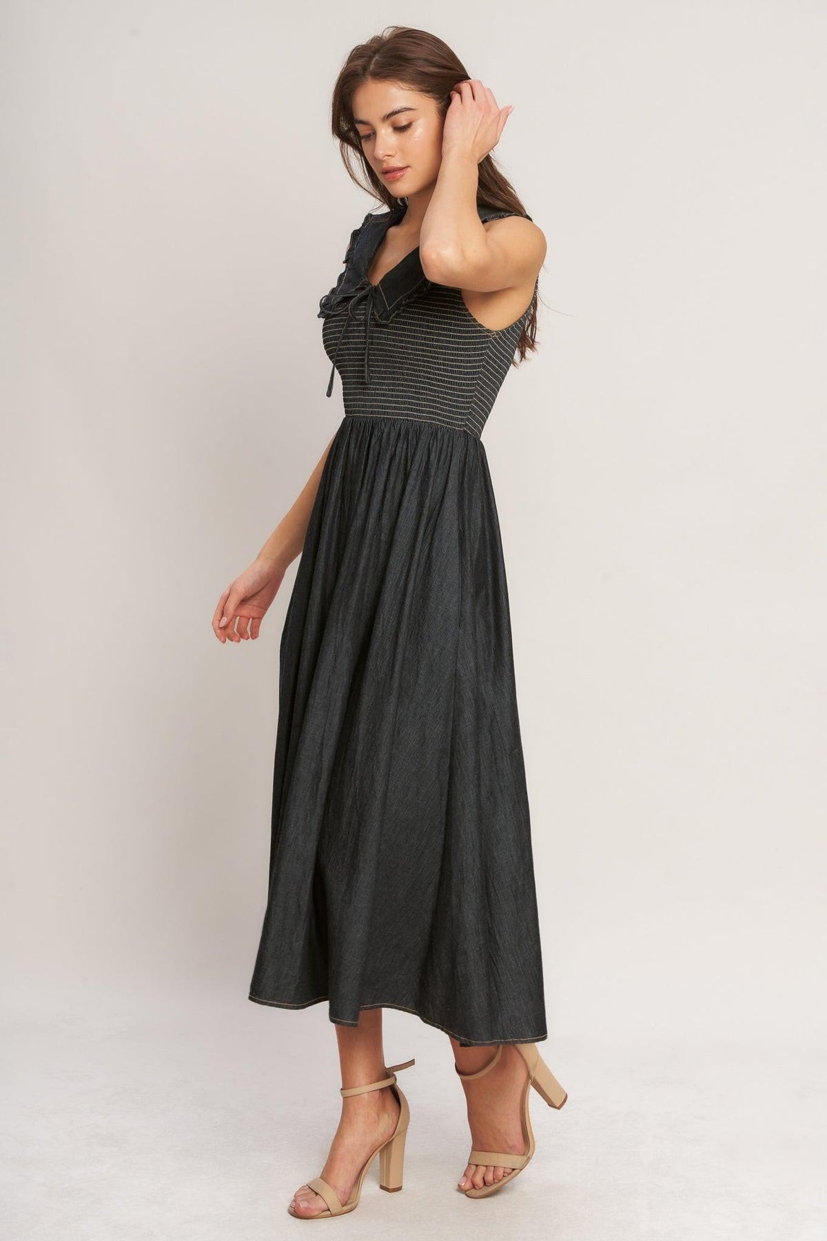 Dark Indigo woven midi dress by Flying Tomato featuring a fitted bodice and flowing skirt, elegant and stylish for any occasion.