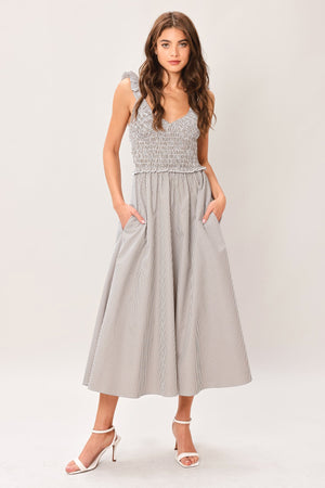 Taupe gray Sweet Stripe woven midi dress by Flying Tomato, featuring a striped pattern and a flowing, elegant silhouette.