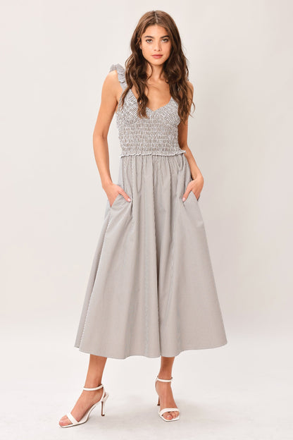 Taupe gray Sweet Stripe woven midi dress by Flying Tomato, featuring a striped pattern and a flowing, elegant silhouette.