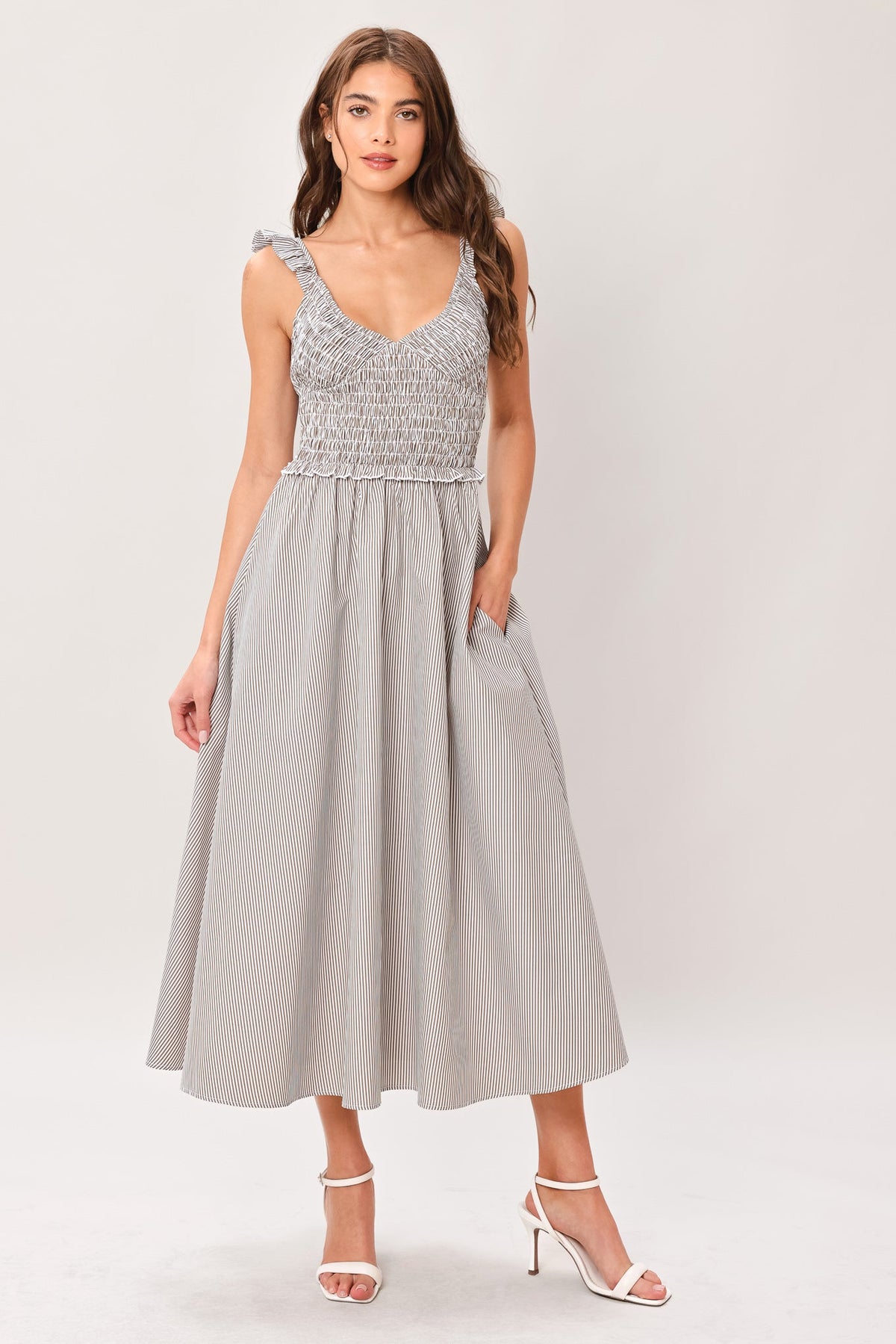 Flying Tomato sweet stripe woven midi dress in taupe gray with a flattering fit and midi length, featuring a stylish striped pattern.