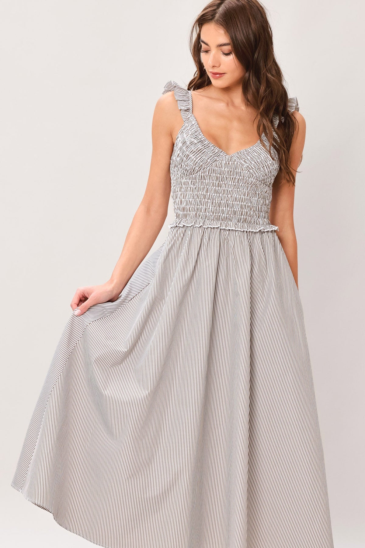 Flying Tomato sweet stripe woven midi dress in taupe gray with a stylish striped pattern, perfect for casual or dressy occasions.