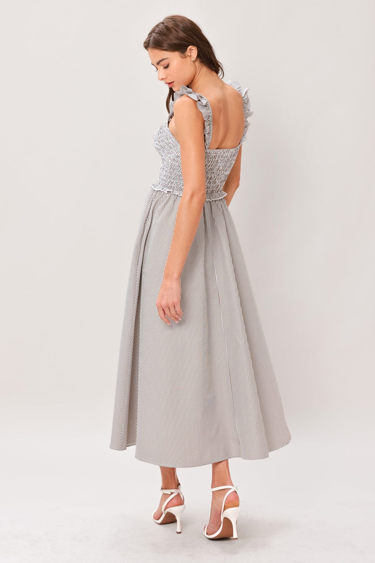 Taupe grey woven midi dress from Flying Tomato with a sweet stripe pattern, featuring a fitted bodice and flowing skirt.
