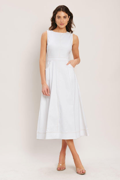 White Flying Tomato Cloudlight Summer Woven Midi Dress displayed on a hanger, showcasing its lightweight fabric and midi length.