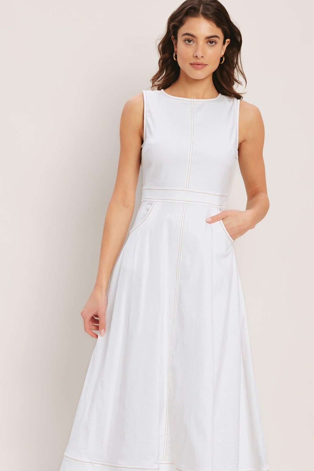 Flying Tomato Cloudlight Summer Woven Midi Dress in white, featuring a breezy, lightweight fabric and a flattering midi length.