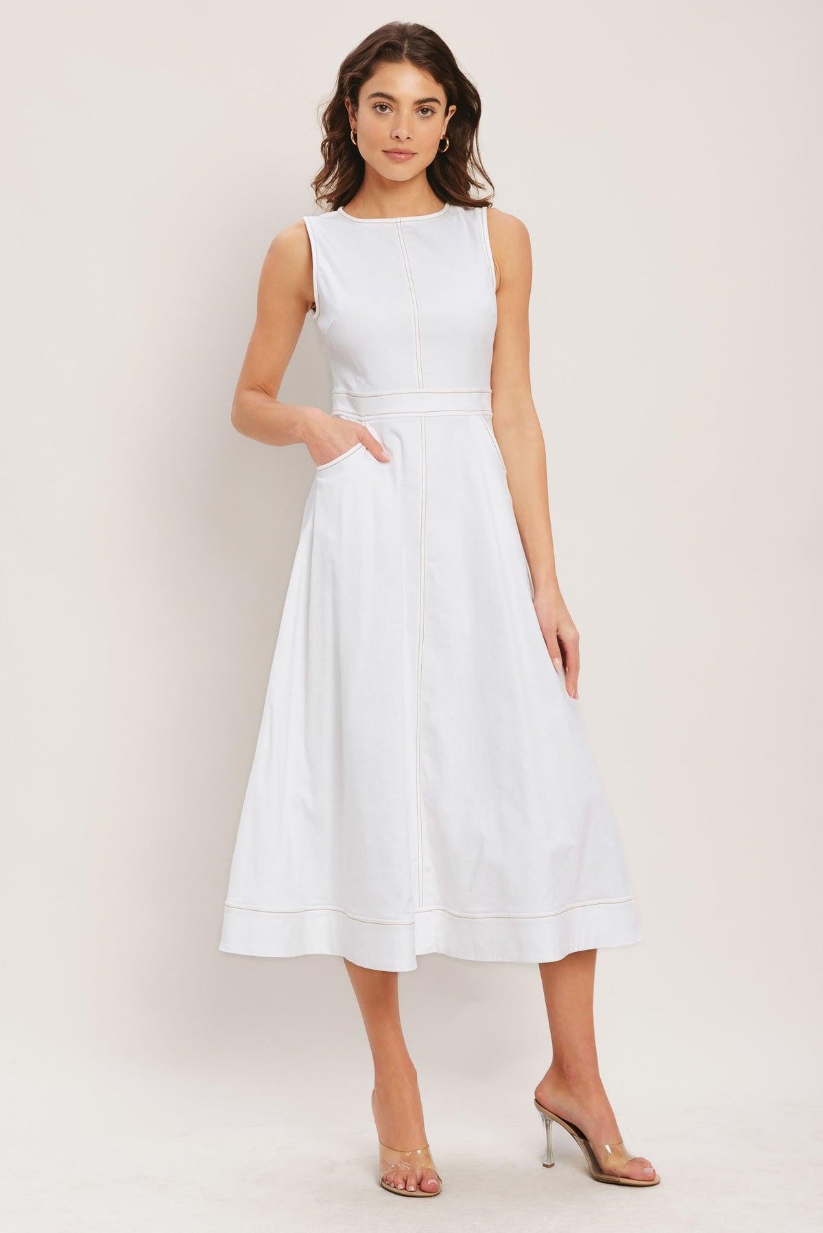 Flying Tomato CLOUDLIGHT summer woven midi dress in white with a relaxed, flowy silhouette and woven fabric design.