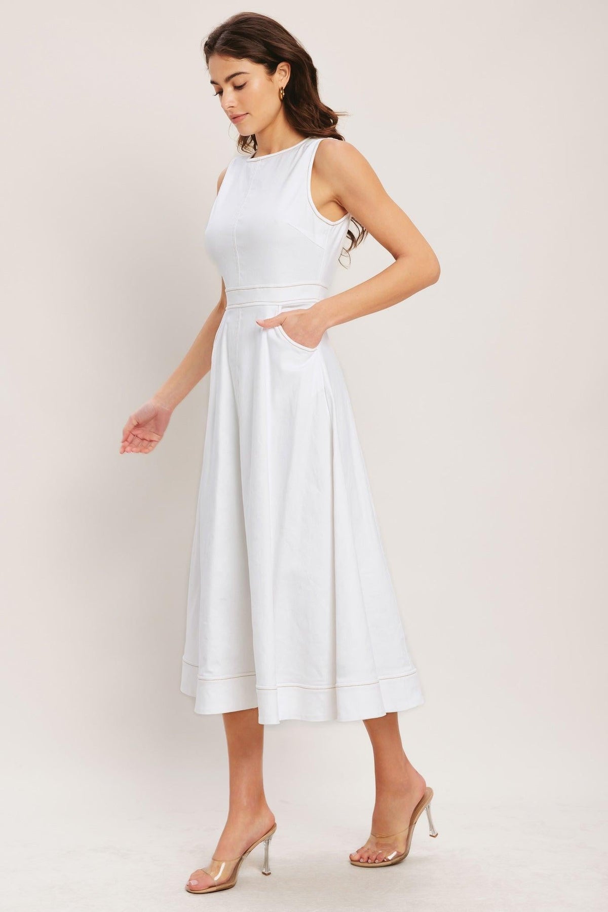 Flying Tomato Cloudlight Summer Woven Midi Dress in white, featuring a breezy, lightweight fabric with a stylish midi length.