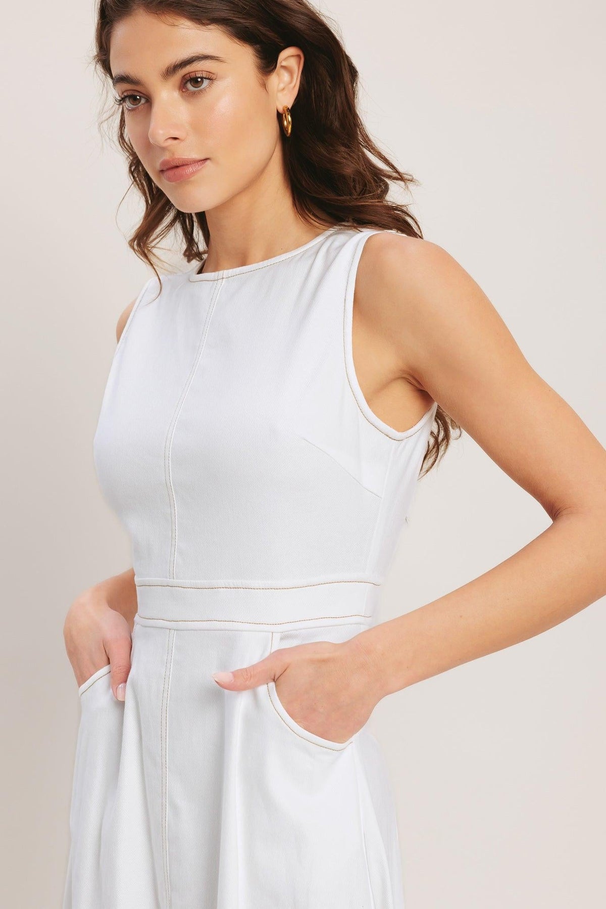 Flying Tomato Cloudlight Summer Woven Midi Dress in white with a relaxed fit and breezy, lightweight fabric.