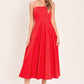 Flying Tomato Modern Romance woven midi dress in vibrant red fabric, featuring a stylish design and flowing silhouette.