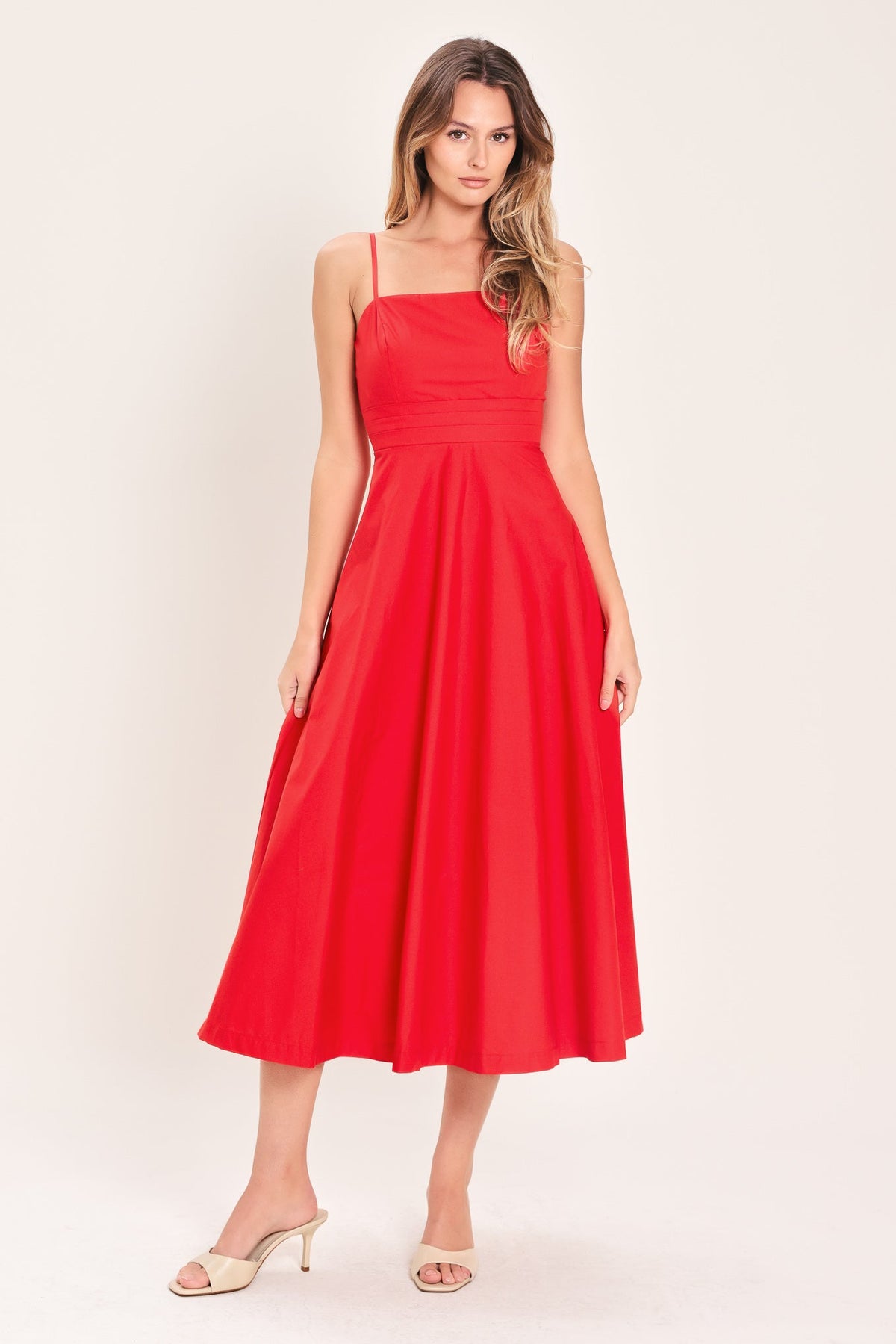 Flying Tomato Modern Romance woven midi dress in vibrant red fabric, featuring a stylish design and flowing silhouette.