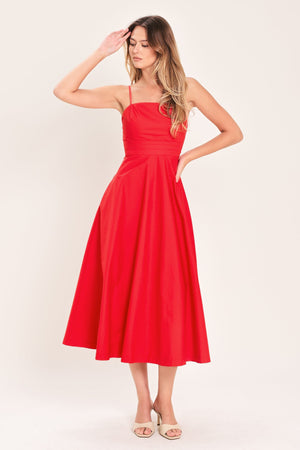 Flying Tomato Modern Romance woven midi dress in vibrant red, featuring a stylish, flowing design and elegant midi length.