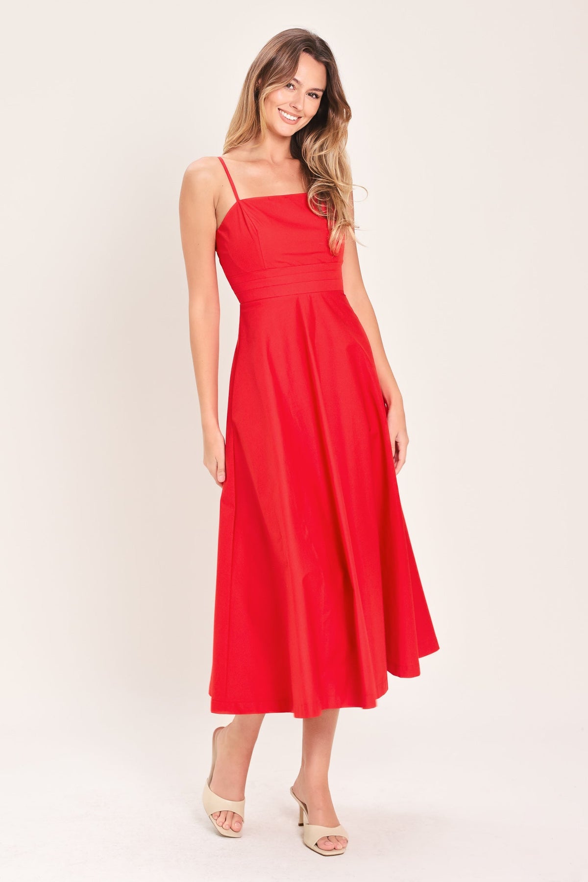 Flying Tomato modern romance woven midi dress in red, featuring a stylish, flowing design perfect for casual or semi-formal wear.