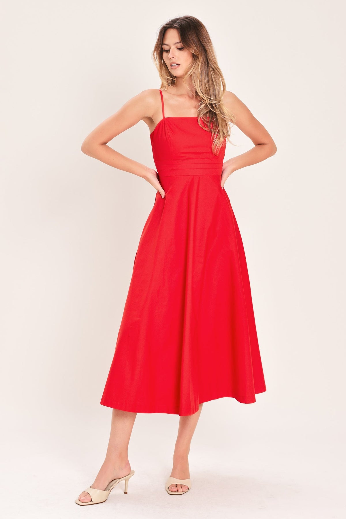Flying Tomato modern romance woven midi dress in vibrant red, featuring a stylish and elegant design perfect for casual or semi-formal wear.