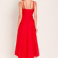 Flying Tomato Modern Romance woven midi dress in vibrant red, featuring a stylish, flowing design and elegant sleeveless silhouette.