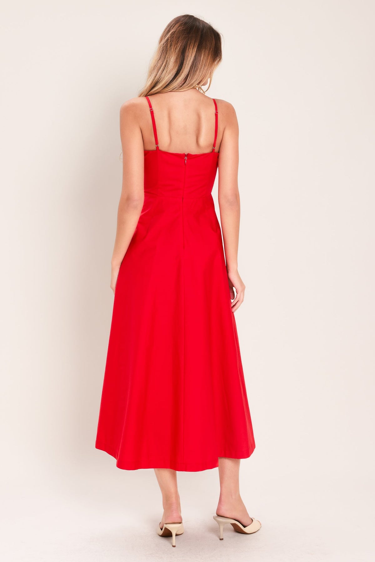 Flying Tomato Modern Romance woven midi dress in vibrant red, featuring a stylish, flowing design and elegant sleeveless silhouette.