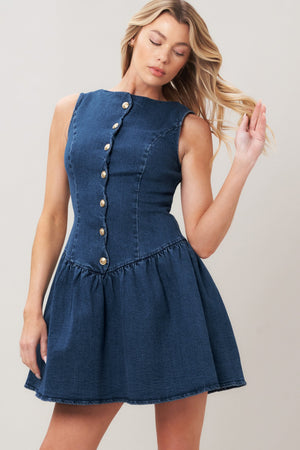 Flying Tomato modern sweet denim mini dress in medium indigo with a fitted sleeveless design and classic denim styling.