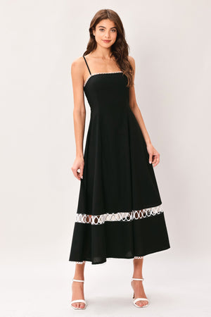 Flying Tomato Noir Whisper woven midi dress in black, featuring a relaxed fit and elegant design, perfect for versatile styling.