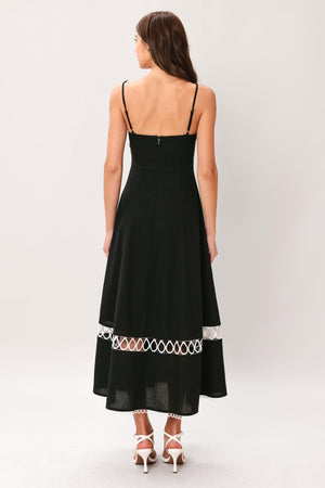 Flying Tomato Noir Whisper woven midi dress in black featuring a flowing silhouette and elegant design.