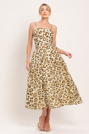 Flying Tomato Leopard Grace woven midi dress with a leopard print, sleeveless design, and flowing fabric.