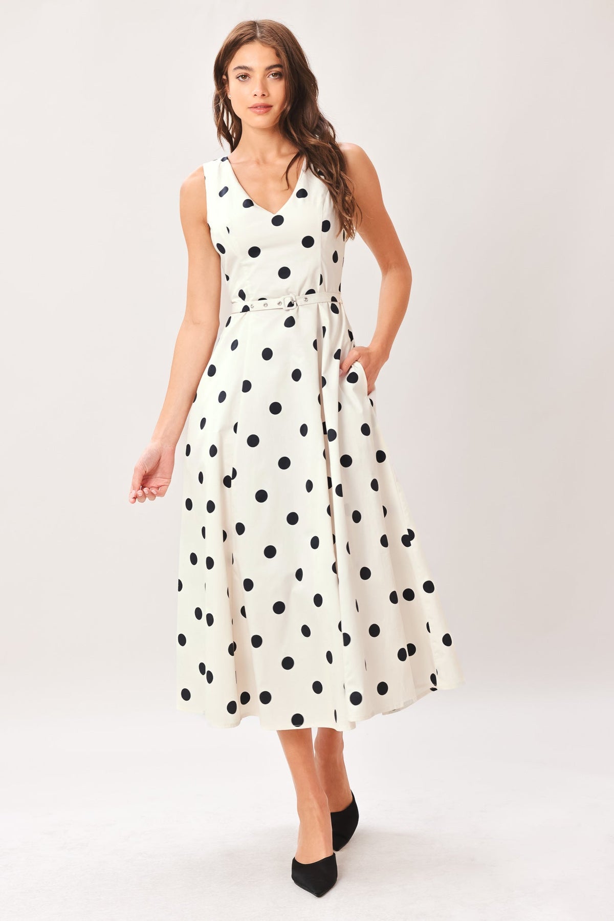 Flying Tomato ivory polka woven midi dress with a fitted bodice and flowy skirt, perfect for casual and semi-formal occasions.