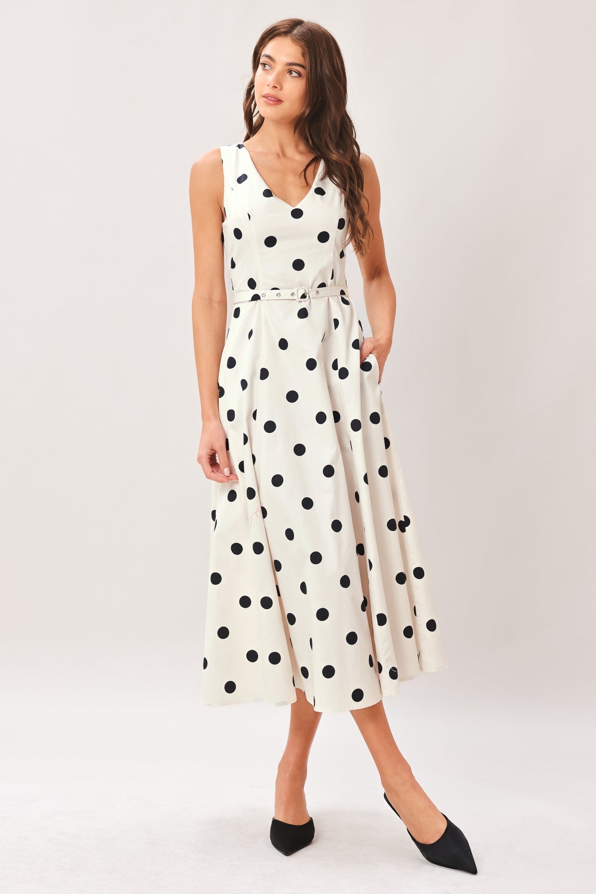 Flying Tomato ivory polka dot woven midi dress featuring a fitted bodice and flowing skirt, perfect for casual summer wear.