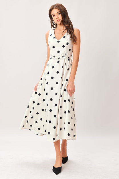 Flying Tomato PURE POLKA woven midi dress in ivory with polka dot pattern, featuring a fitted bodice and flowing skirt.