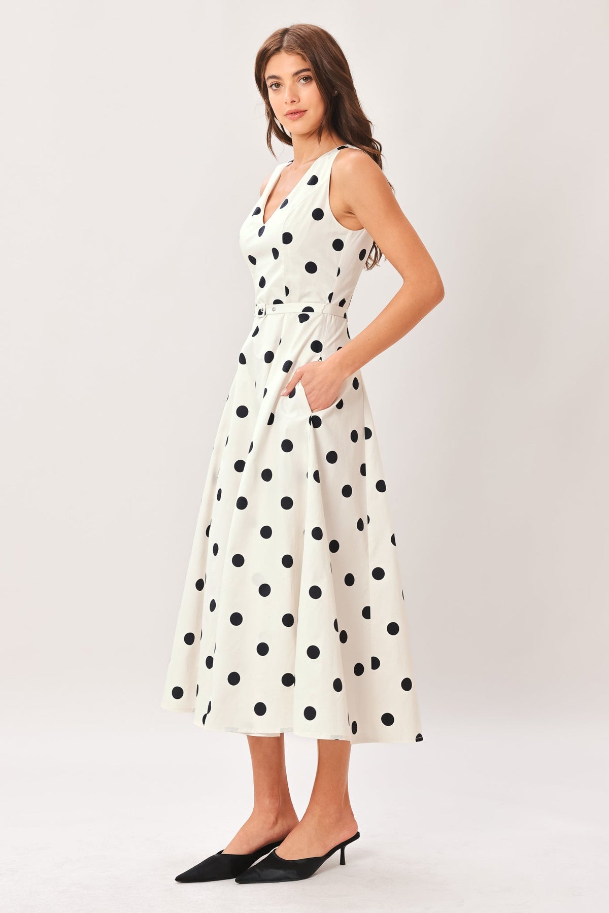 Ivory woven midi dress with polka dot pattern from Flying Tomato, featuring a flowing silhouette and sleeveless design.