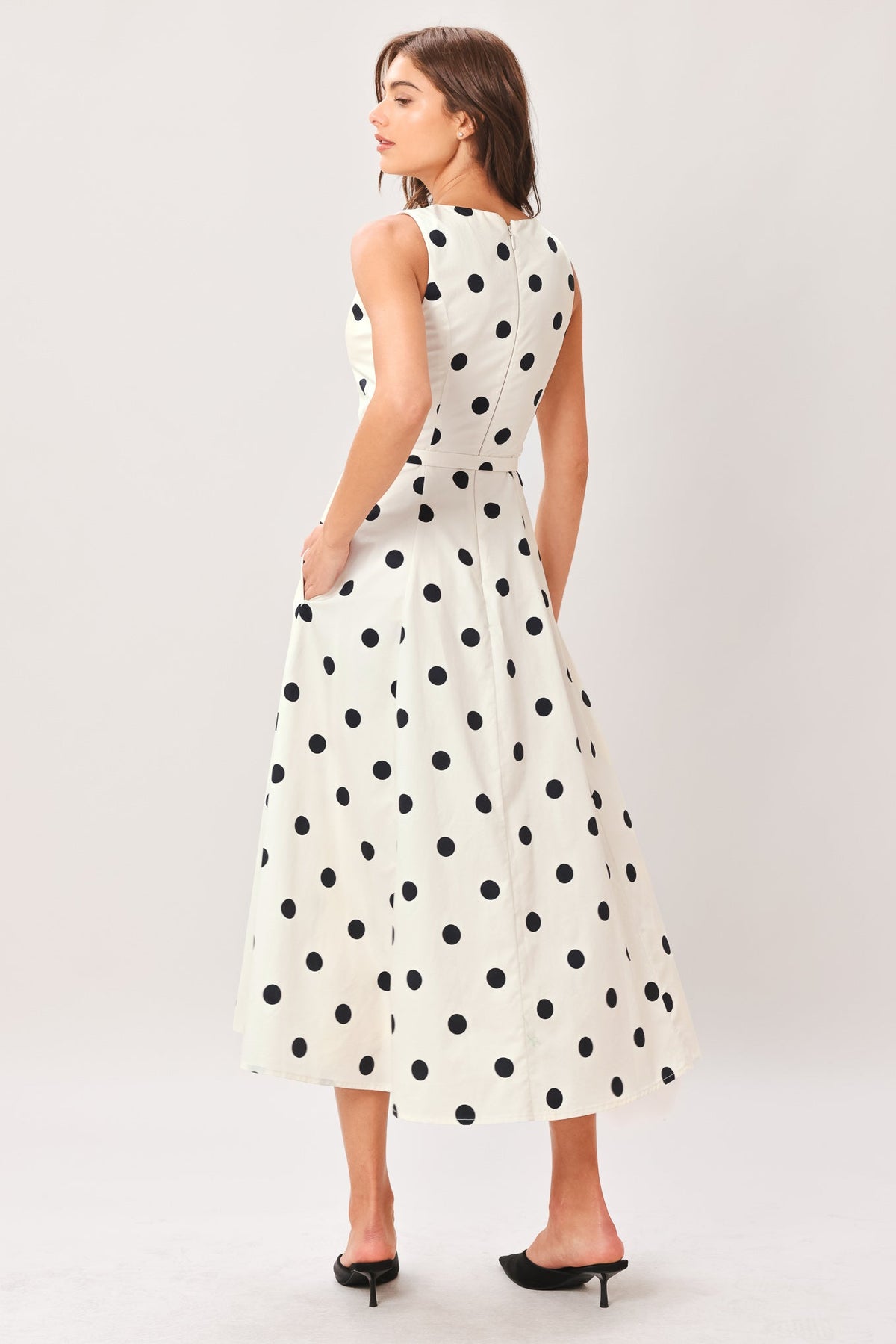 Flying Tomato ivory polka woven midi dress with a fitted waist and flowing skirt, perfect for casual or semi-formal occasions.