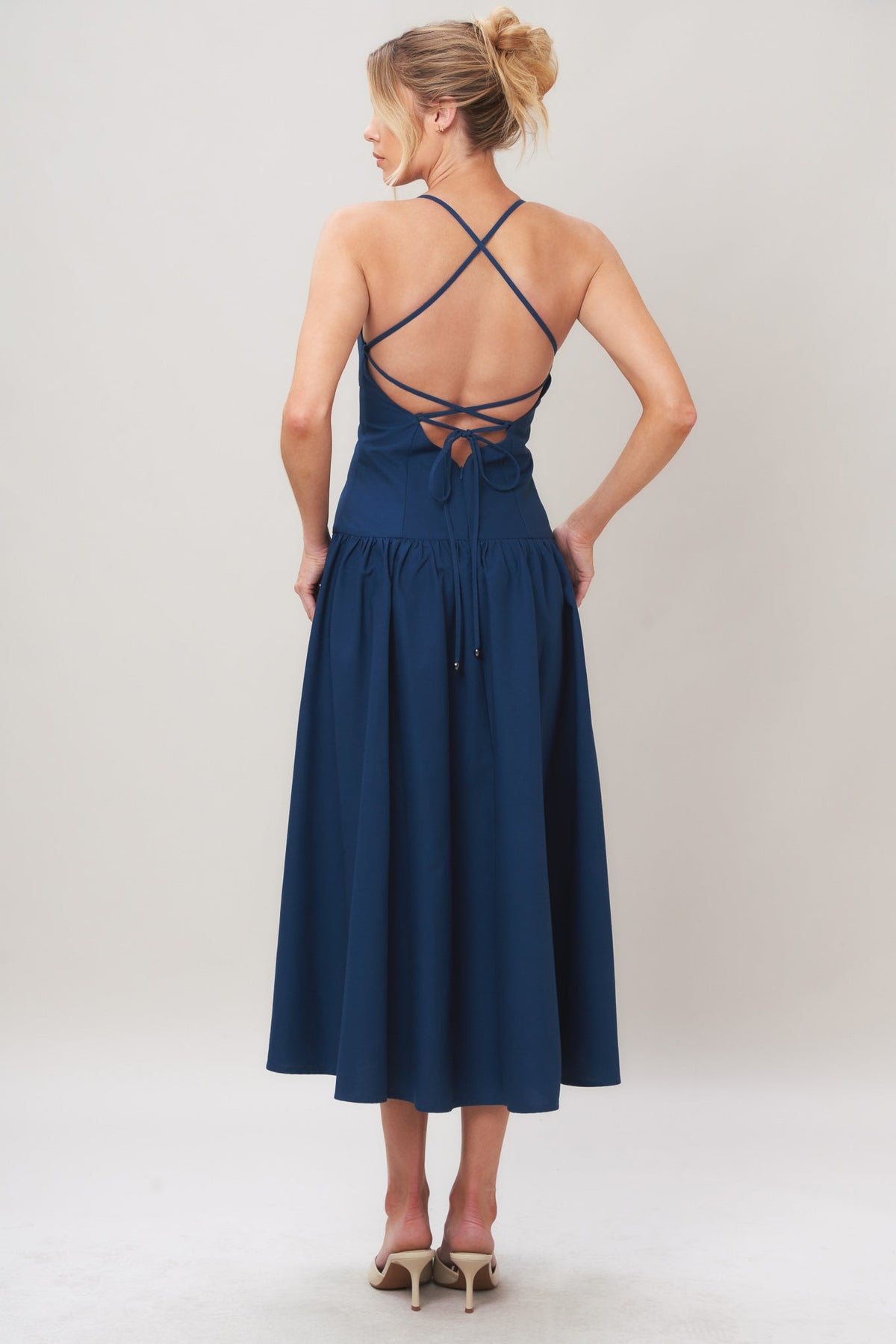 Navy Refined Flow Woven Midi Dress by Flying Tomato, featuring a flowing, elegant design with a fitted waist and midi length.
