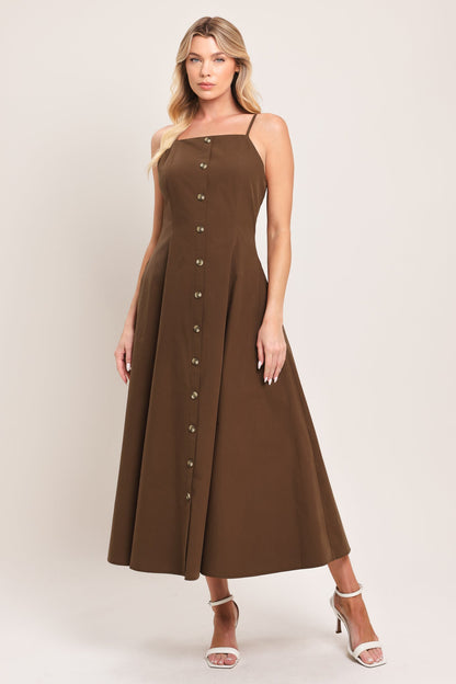 Chocolate brown woven midi dress by Flying Tomato featuring earthy tones and a flowing, relaxed fit.