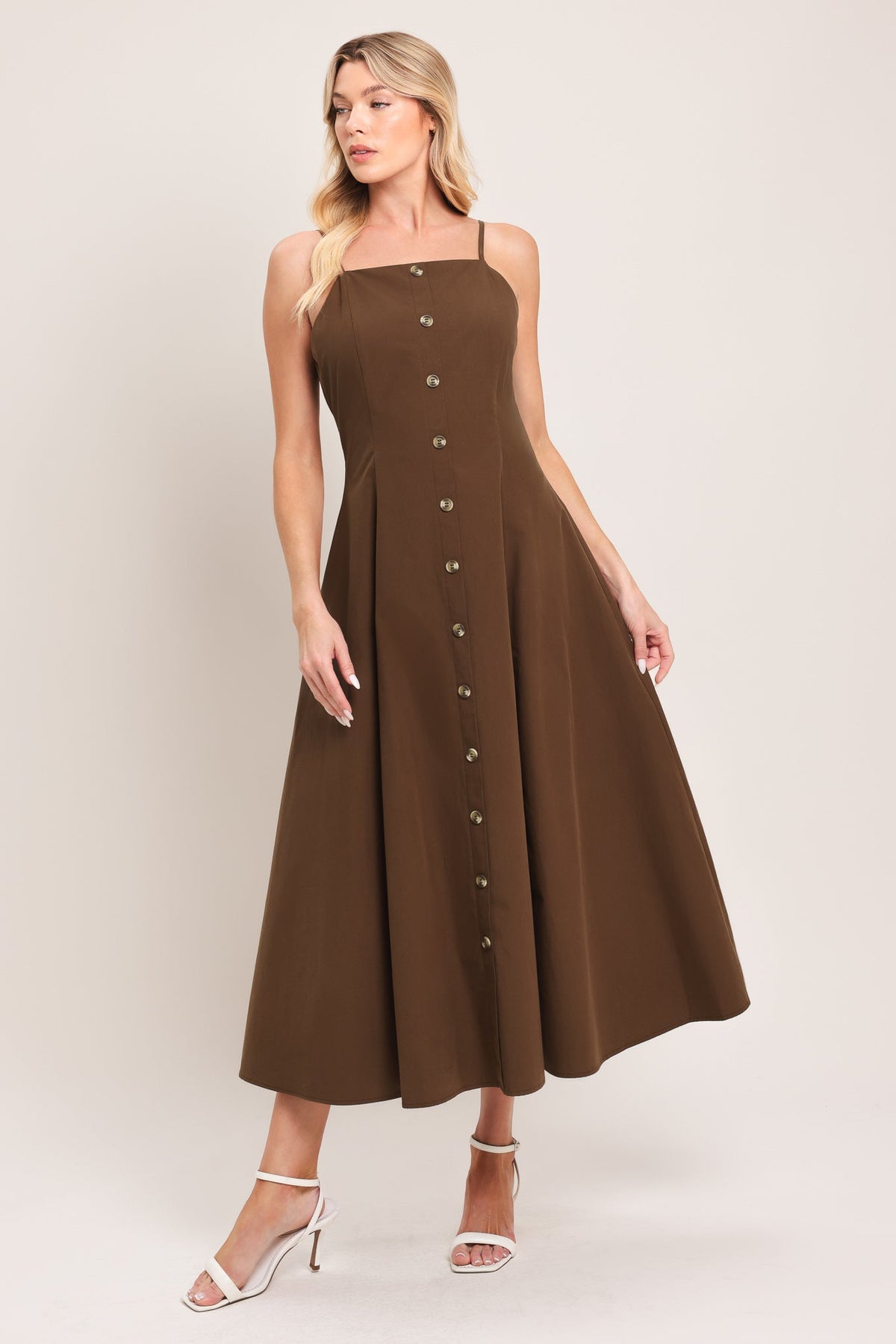 Flying Tomato Earthy Grace woven midi dress in chocolate color, featuring a flowing fabric and elegant design.