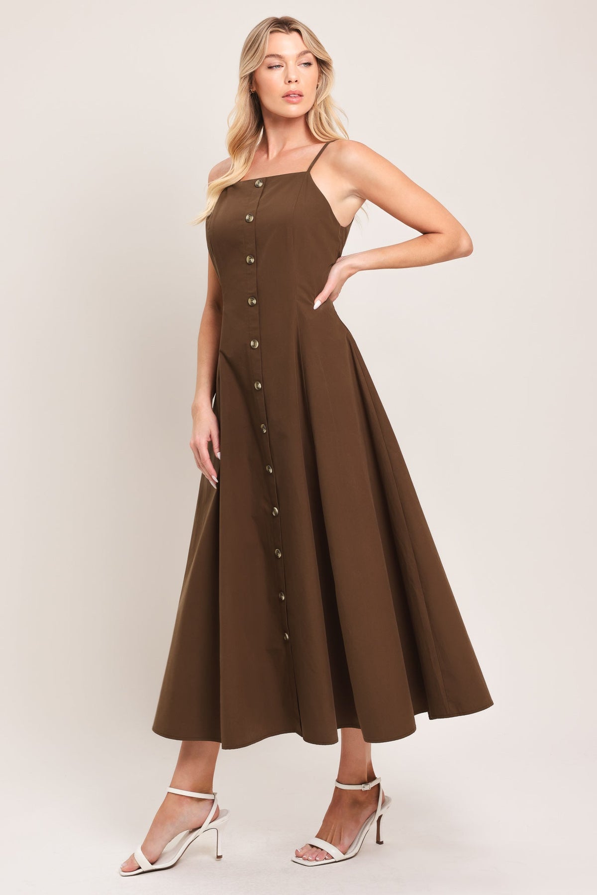Flying Tomato Earthy Grace woven midi dress in chocolate color, featuring a relaxed fit and textured fabric.