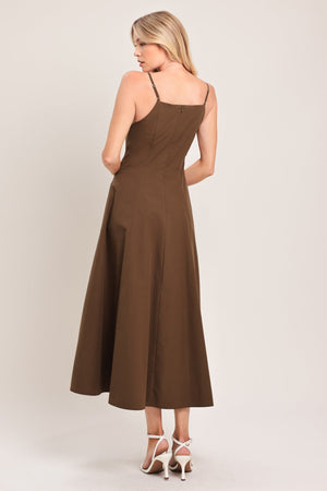 Flying Tomato Earthy Grace woven midi dress in chocolate color showing a flowy, patterned fabric with a relaxed fit.