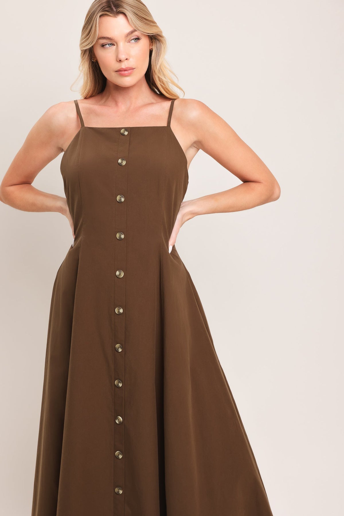 Flying Tomato Earthy Grace woven midi dress in chocolate brown, featuring a relaxed fit and subtle woven texture.