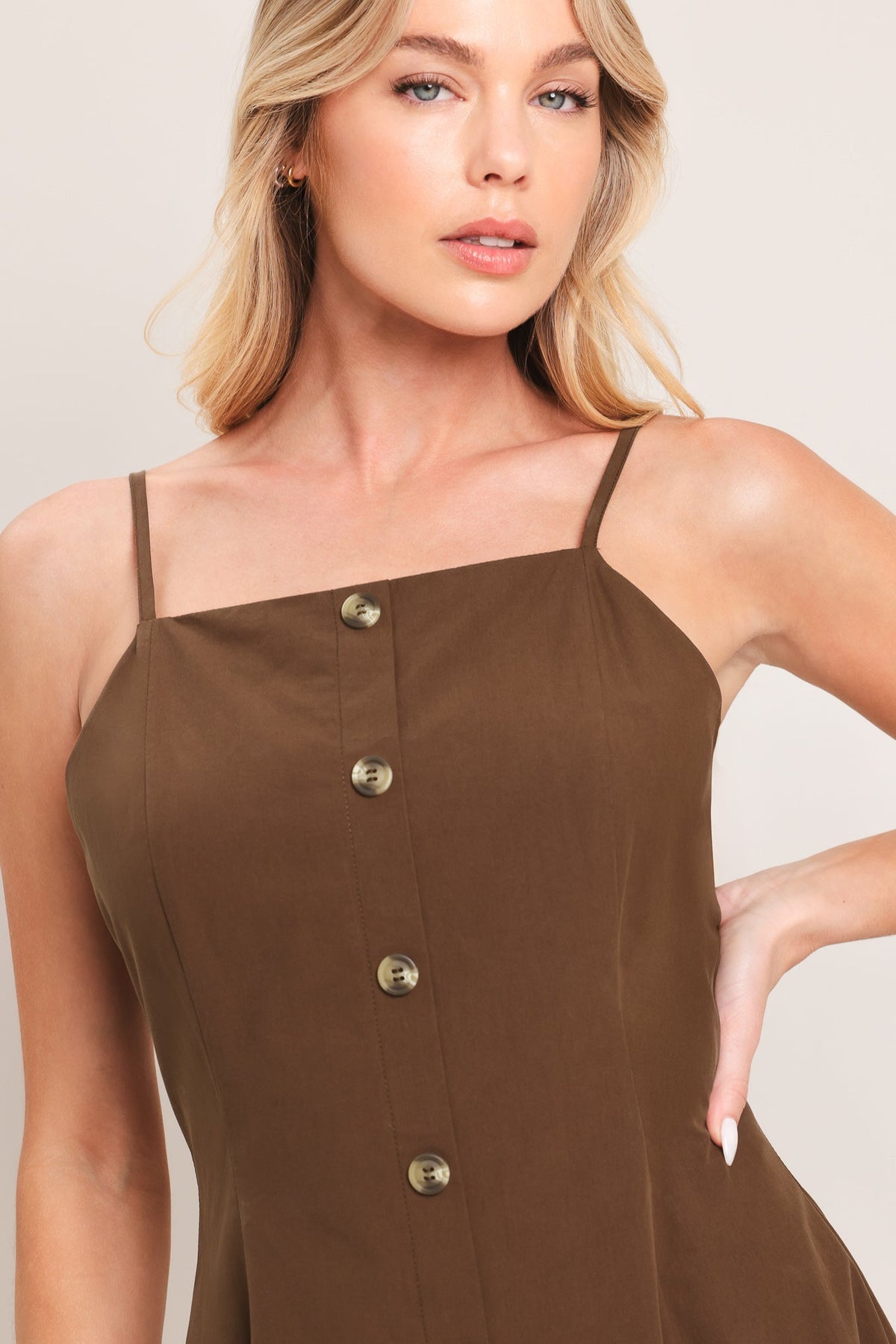 Flying Tomato Earthy Grace woven midi dress in chocolate, featuring a flowy design and intricate woven details.