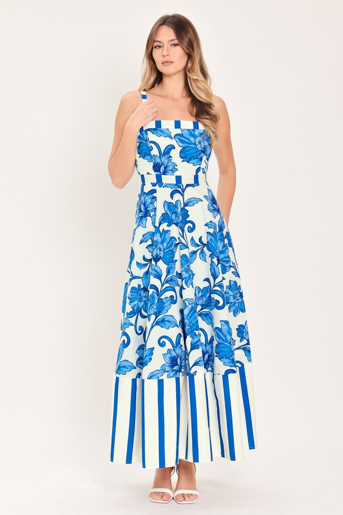 Flying Tomato Capri Garden woven midi dress in white and blue, featuring a flowy, elegant design perfect for summer wear.