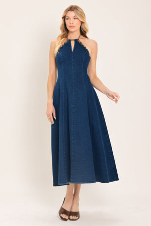 Flying Tomato Americana Belle denim midi dress in indigo denim, featuring a fitted bodice and flowing skirt.